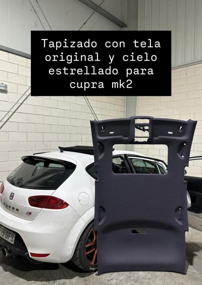 Seat Cupra MK2 blanco con tapizado de techo en gris oscuro y superposición de texto.