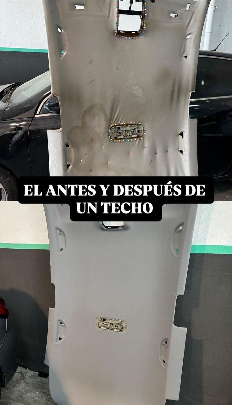 Techo gris de coche antes y después de la limpieza. El texto dice 