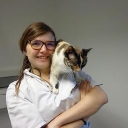 Une employé du cabinet vétérinaire Krebs avec un chat sur l'épaule