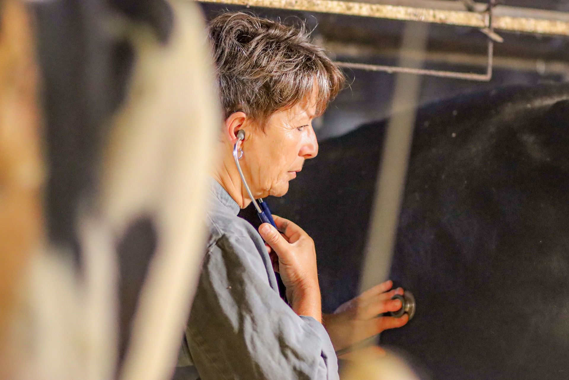 Une femme portant des écouteurs se tient devant une vache.