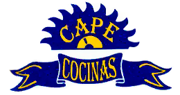 Logotipo: “CAPE COCINAS” en texto amarillo sobre una hoja de sierra y cinta de color azul.