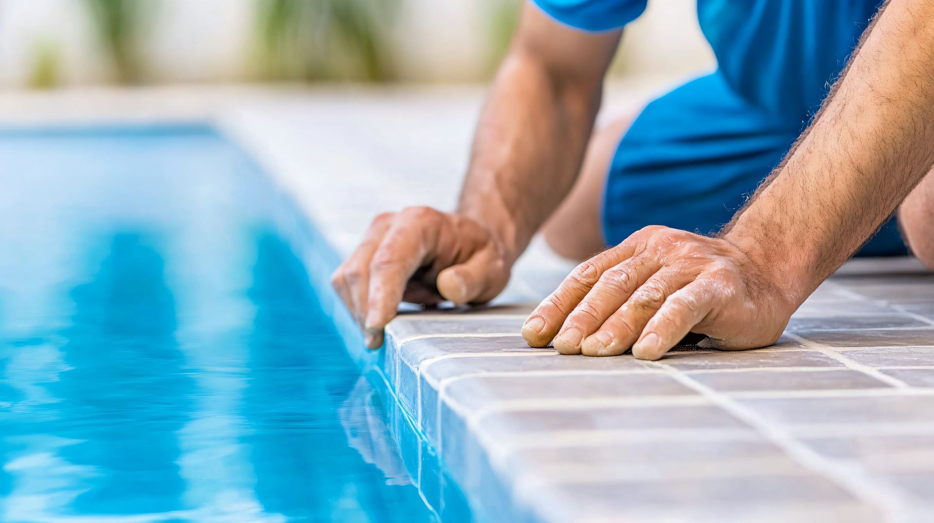 Une personne touchant les rebords d'une piscine.