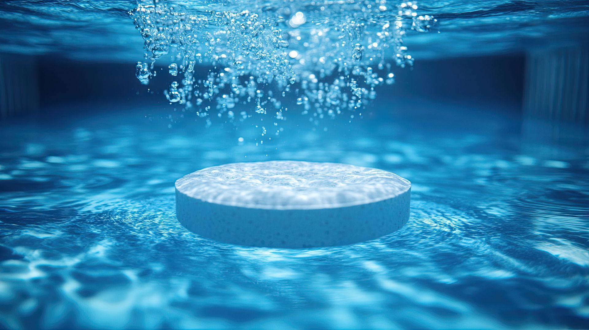 Une pastille de chlore dans de l'eau.