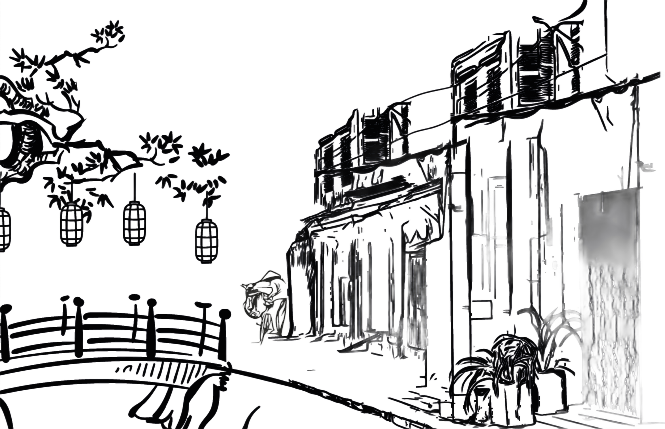 Tuschezeichnung einer Straßenszene in einer asiatischen Stadt mit Gebäuden, Laternen und einer kleinen Brücke.