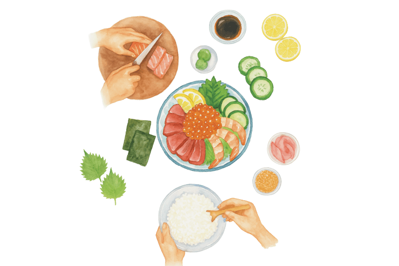 Aquarellillustration einer Poke Bowl, die mit verschiedenen Zutaten zubereitet wird; Hände schneiden Fisch und fügen Toppings hinzu.