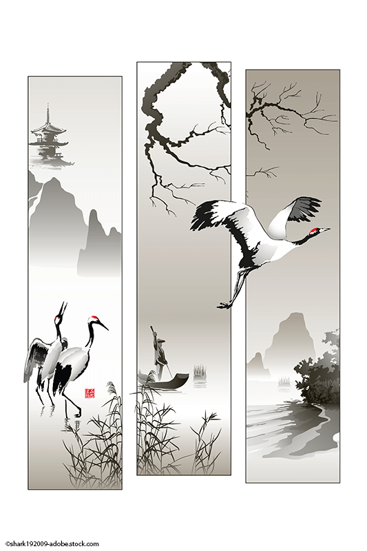 Drei vertikale Bildfelder zeigen eine neblige asiatische Landschaft mit Kränen, einem Boot und einer Pagode.