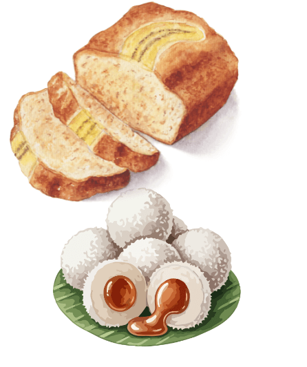 Bananenbrotscheiben und mit Sirup gefüllte Klebreisbällchen auf einem Blatt.