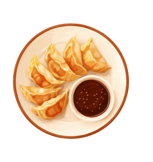 Teller mit goldbraun gebratenen Teigtaschen und einer kleinen Schüssel dunkler Dip-Sauce.