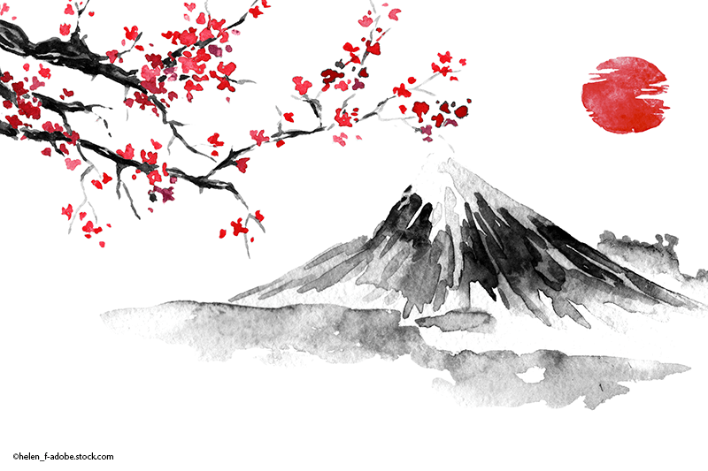 Der Berg Fuji mit Kirschblüten und roter Sonne.