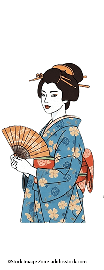 Geisha in einem blauen Kimono, die einen Fächer hält, mit traditioneller Frisur.