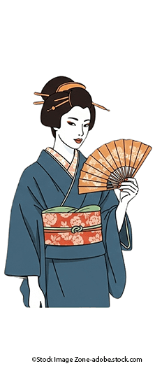 Geisha im blauen Kimono, die einen Fächer hält.