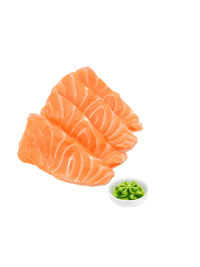 Lachssashimi-Scheiben, angerichtet mit einer kleinen Schale grünem Wasabi.