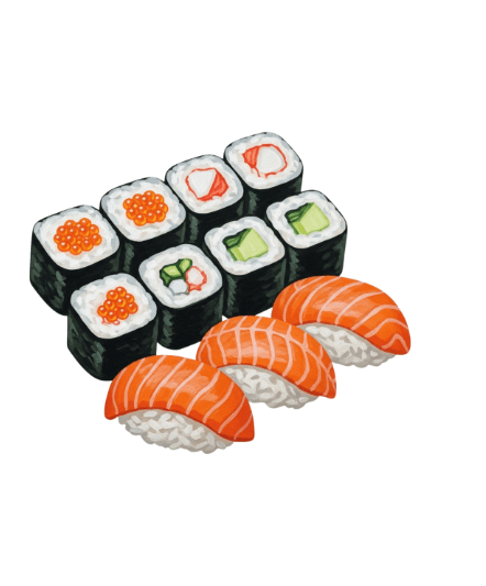 Sushi-Platte: Rollen mit verschiedenen Belägen (Rogen, Krabbenfleisch, Gurke) und Lachs-Nigiri.