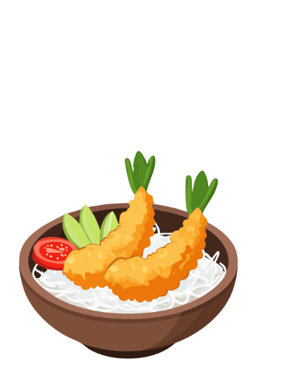 Tempura-Garnelen in einer braunen Schüssel mit Reis, Gemüse und Grünzeug.