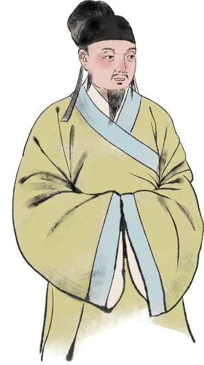 Illustration einer Person in traditioneller chinesischer Kleidung, die Hände gefaltet, mit Hut.