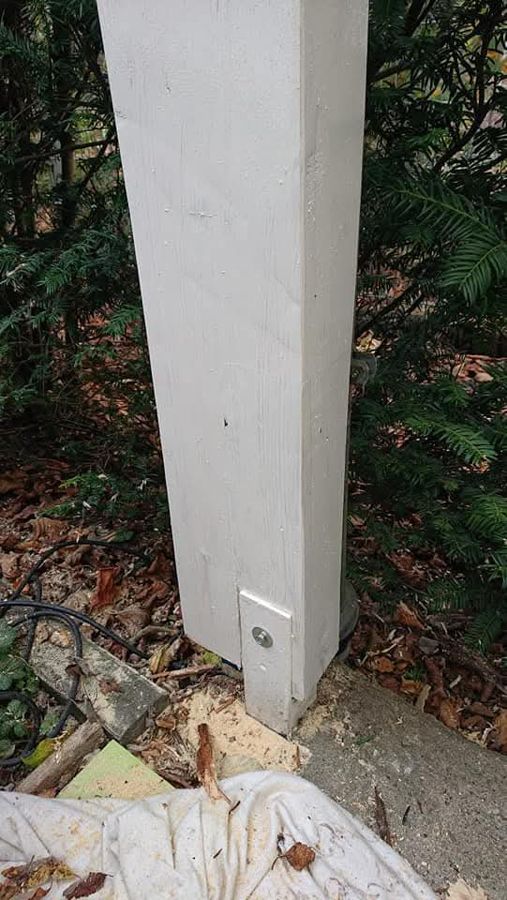 Neben einem Baum steht eine weiße Stange auf dem Boden.