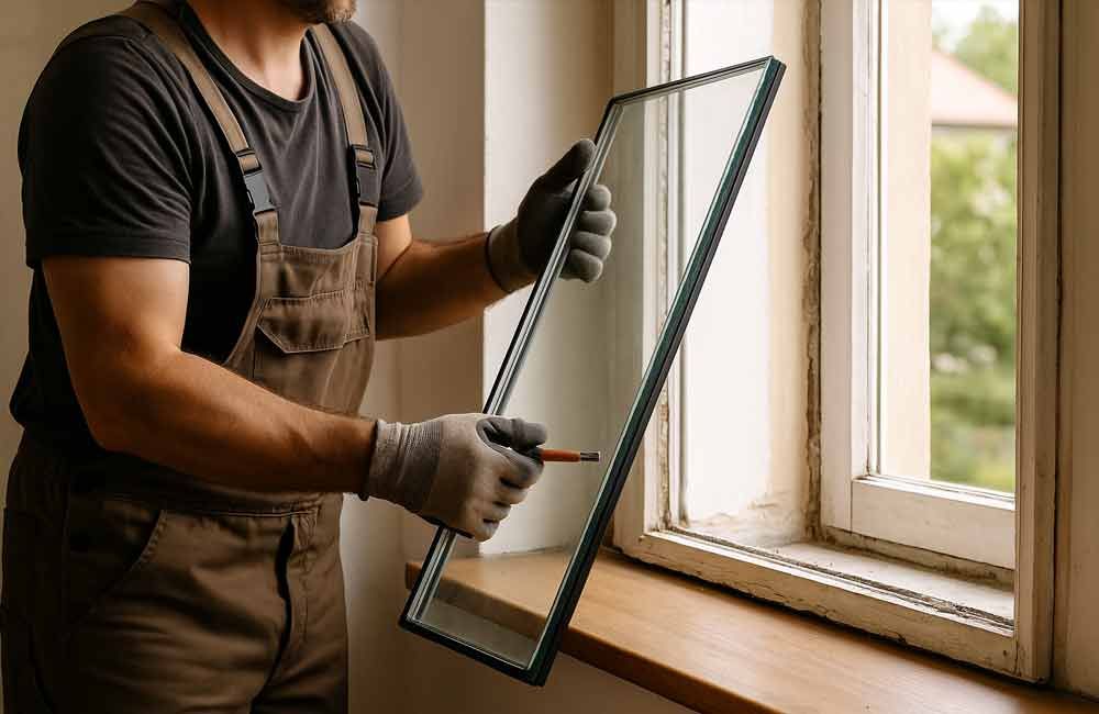 Ein Mann baut mit einem Schraubenzieher ein Fenster ein.