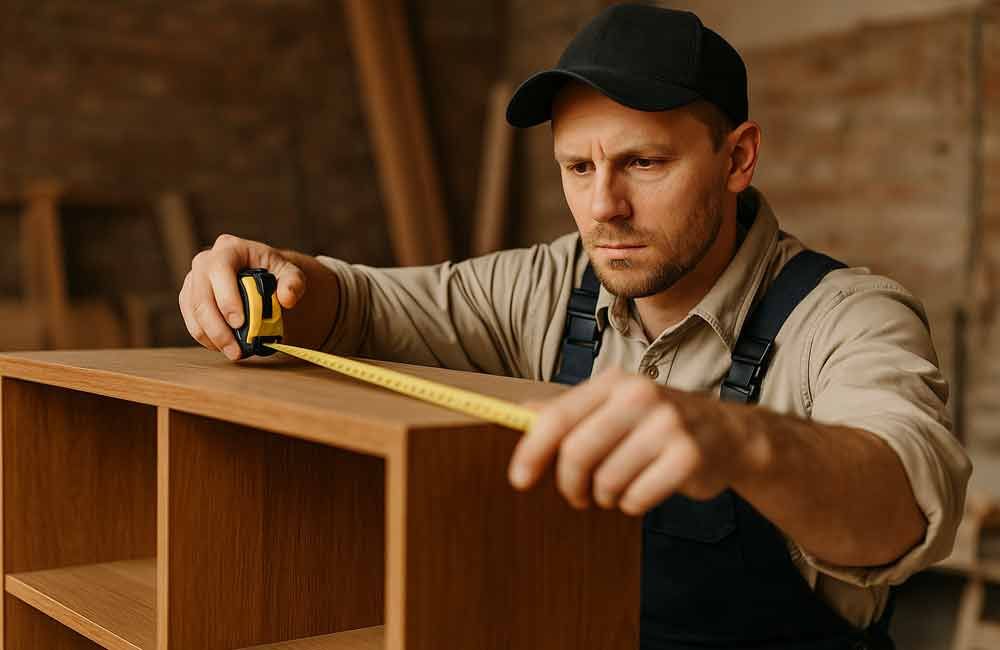 Ein Mann misst ein Stück Holz mit einem Maßband.