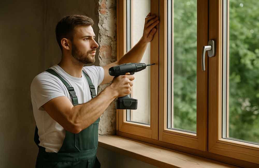 Ein Mann setzt mit einer Bohrmaschine ein Fenster ein.