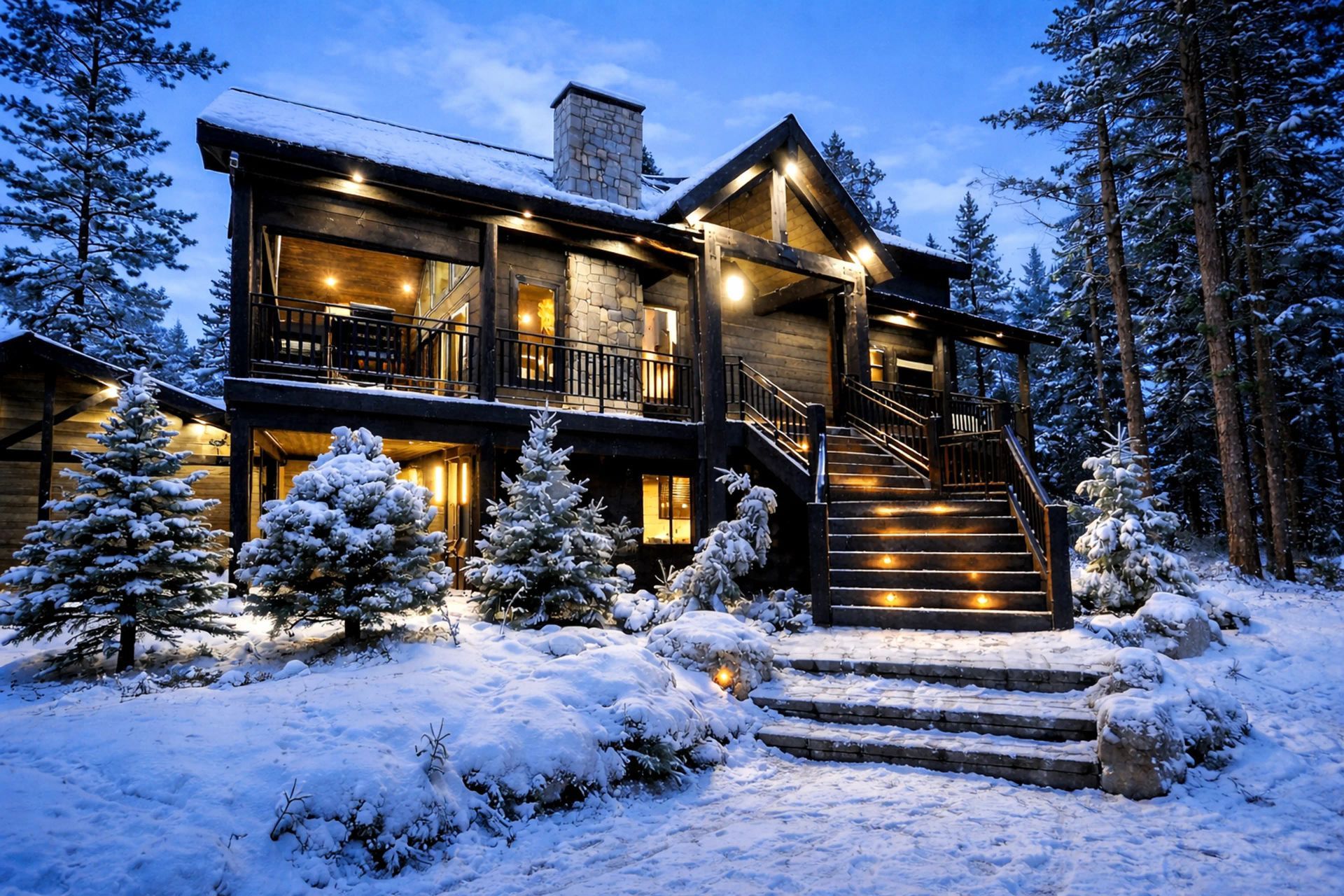 Snow-covered luxury cabin at twilight, illuminated by warm lights, stone exterior, wooden accents, and evergreen trees.