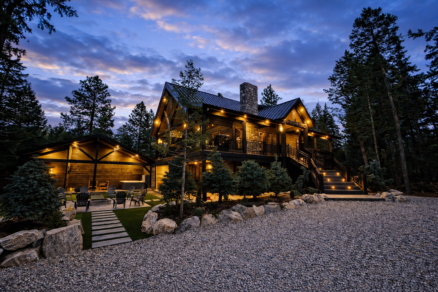Stone cabin illuminated at dusk in a forest. Driveway and patio.