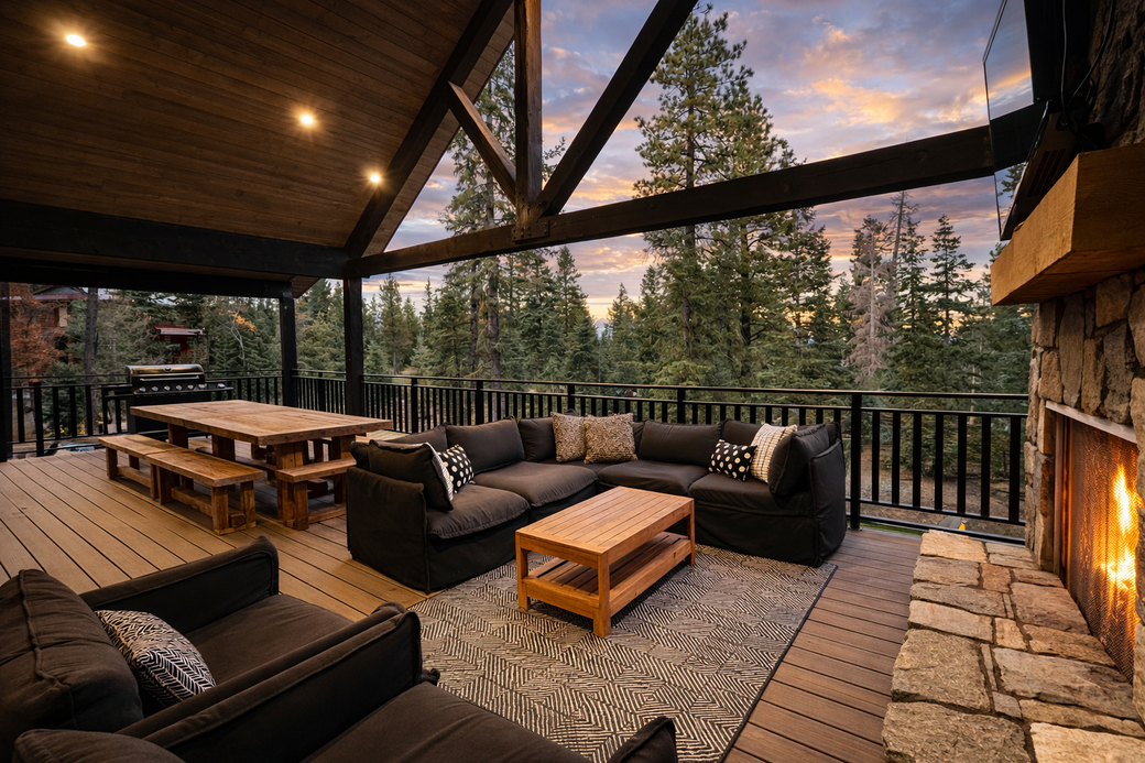 Covered deck with outdoor fireplace, seating, dining table, and forest view at sunset.