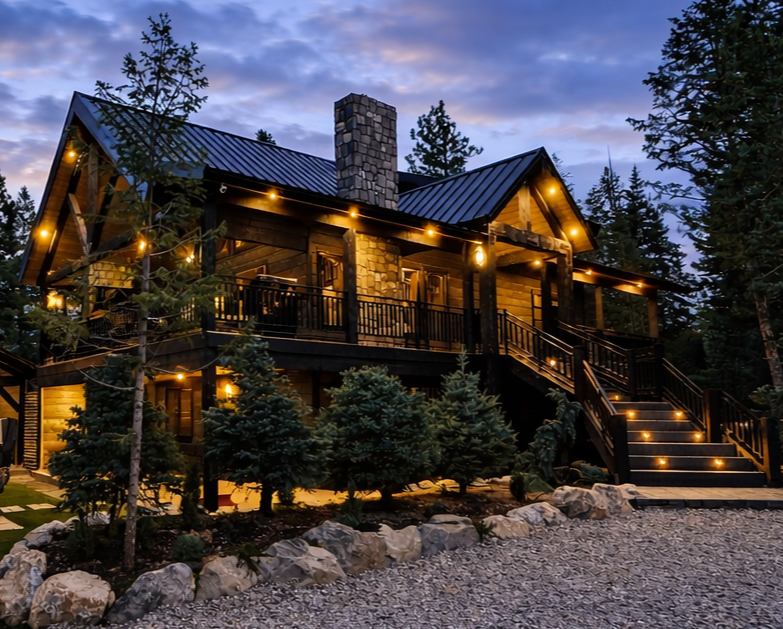 Rustic cabin at dusk, illuminated by warm lights, stone chimney, surrounded by trees and a gravel driveway.