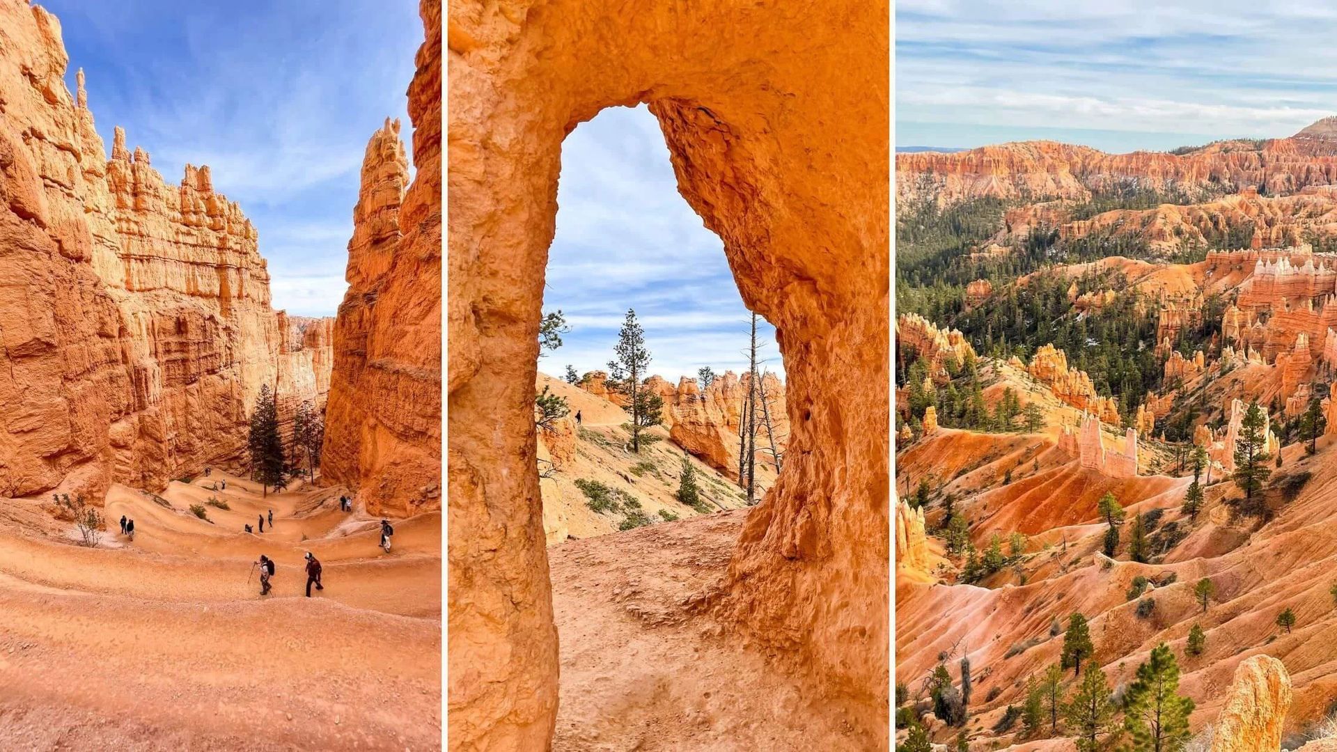 Three views of Bryce Canyon National Park's orange hoodoos and canyons under a blue sky.