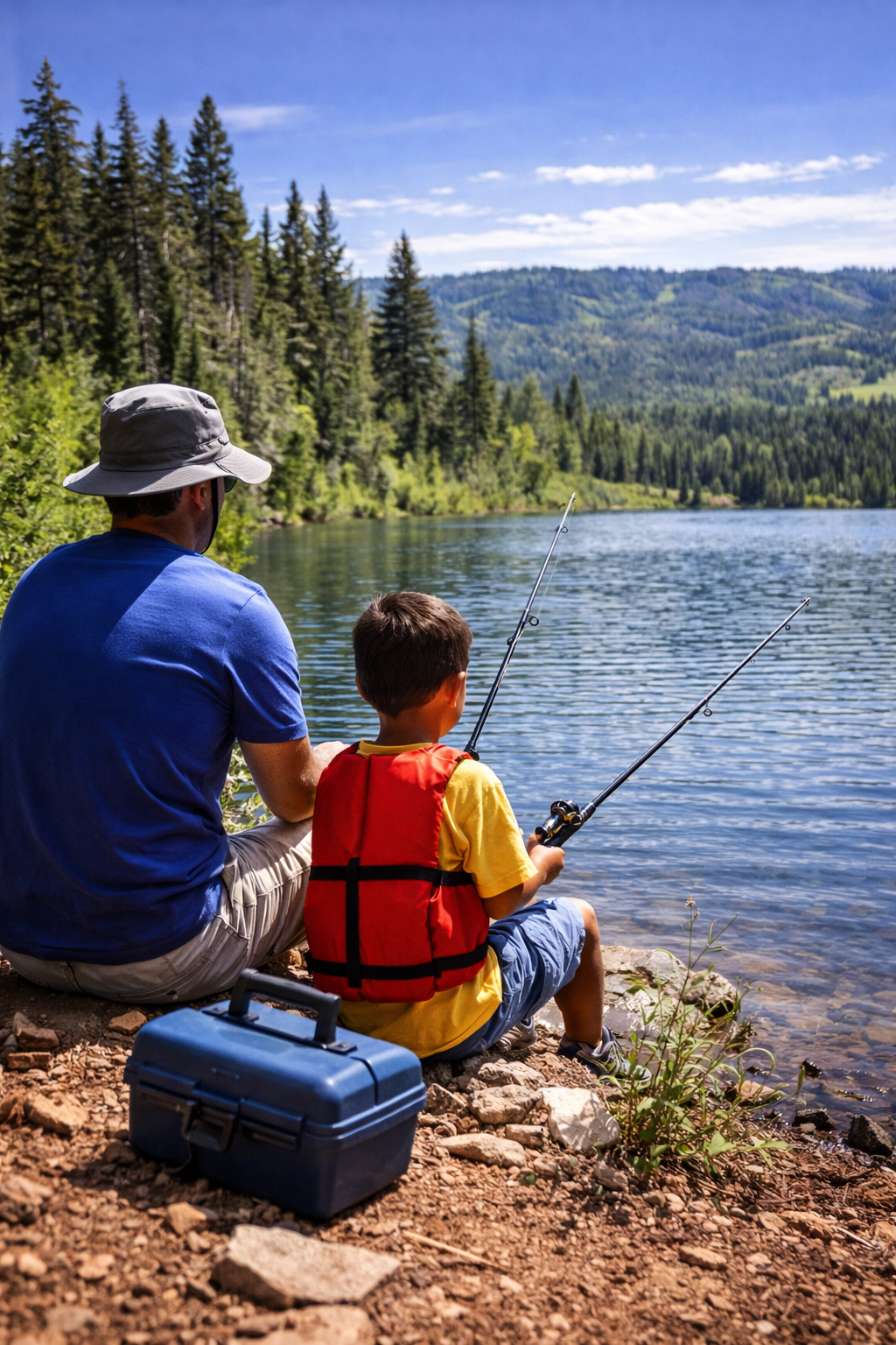 Father and child fishing on lake; child wearing life vest, blue tackle box nearby, scenic view.