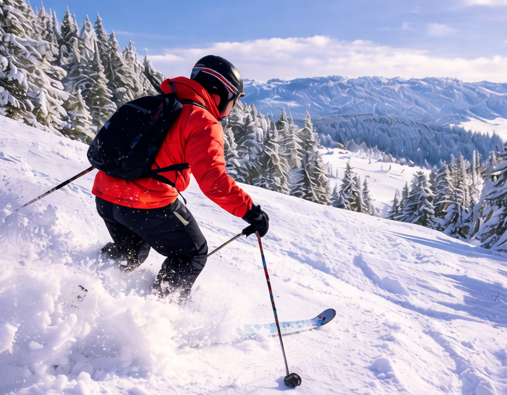 Skier in red jacket carves down a snowy slope, surrounded by snow-covered trees and mountains.