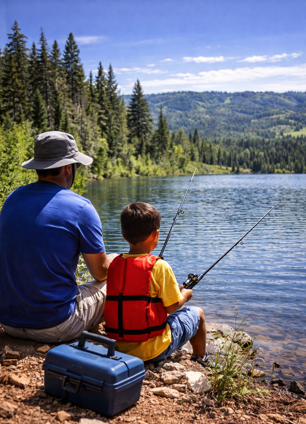 Man and child fishing at a lake; child wearing a life vest; blue skies and trees in the background.