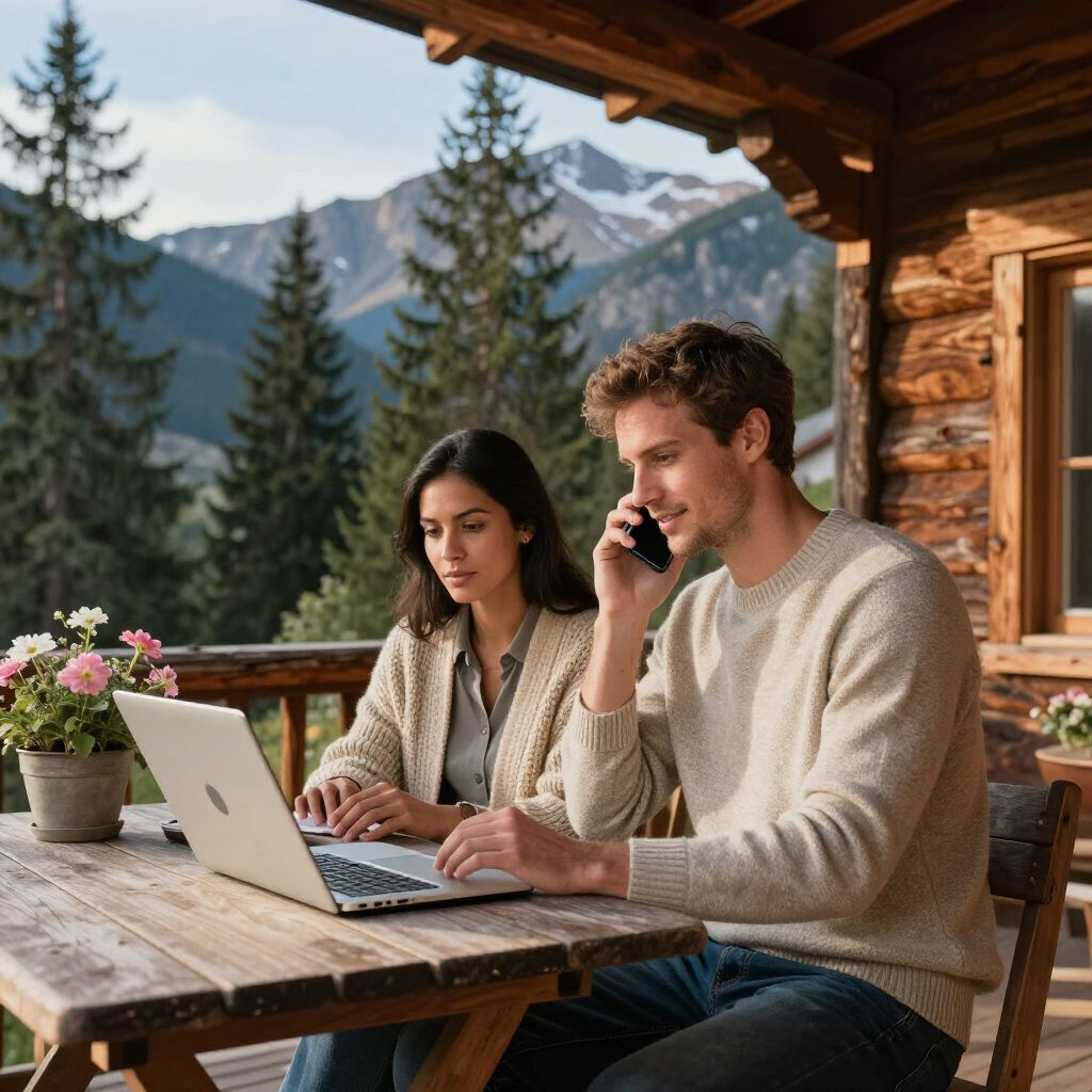 Couple working on a laptop and phone on a cabin porch with mountain view.