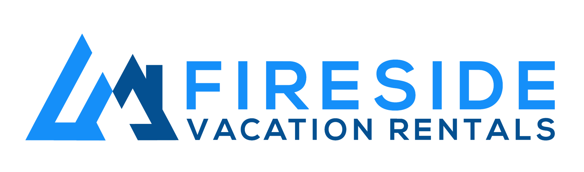 Logo for Fireside Vacation Rentals: blue mountain peaks and text in blue.