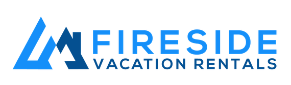 Logo for Fireside Vacation Rentals: blue mountain peaks and text in blue.
