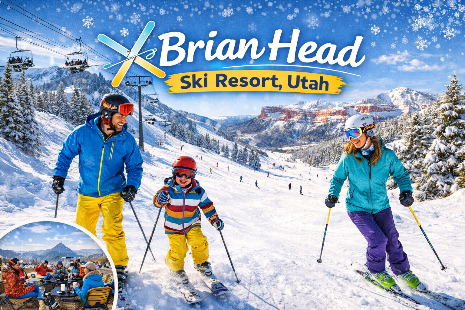 Family skiing at Brian Head Ski Resort, Utah. Snowy mountain scene with skiers, blue skies, ski lift.