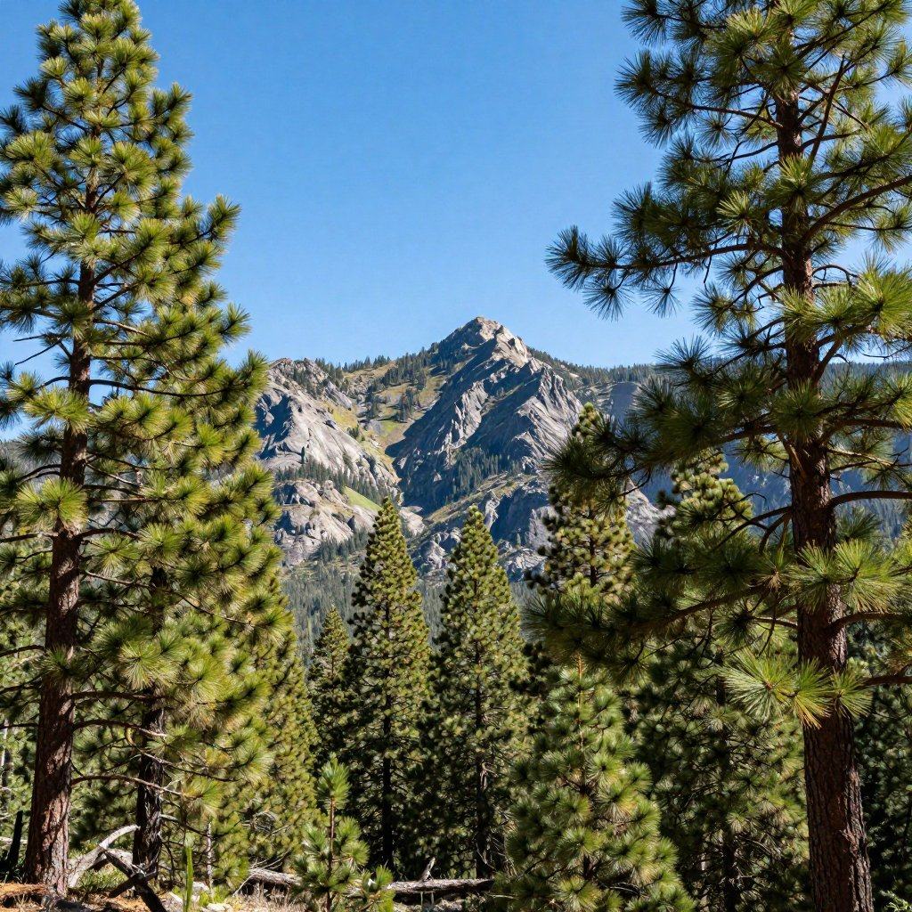 Mountain peak seen through trees under a blue sky.
