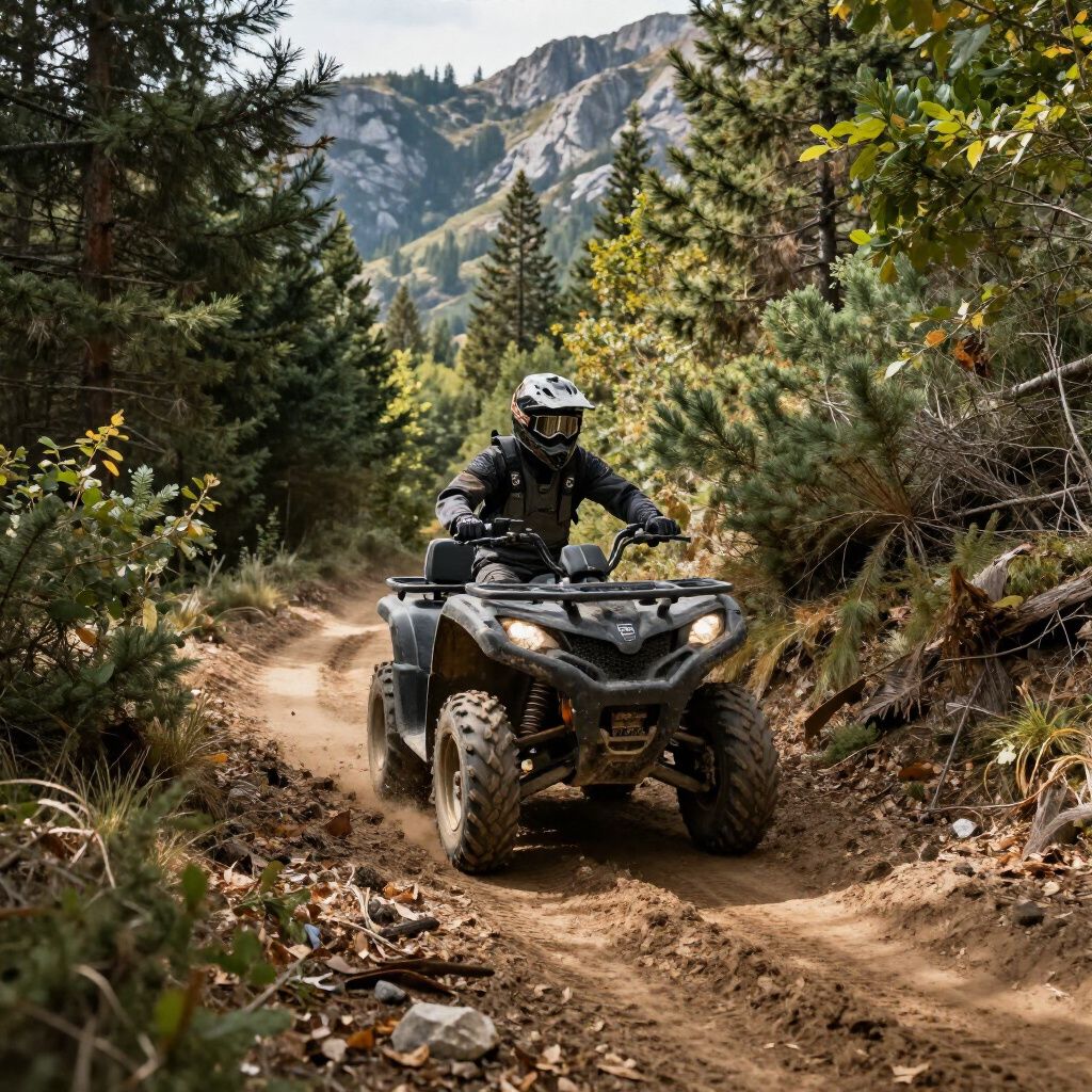 Person riding an ATV on a dirt trail in a forest, mountains in the background.