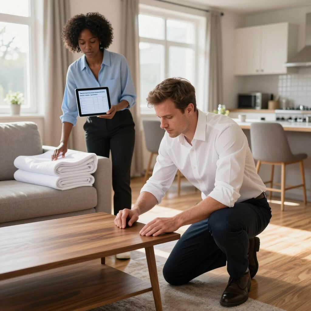 Two people in a modern home: one person kneeling to inspect a coffee table, while another holds a tablet nearby.