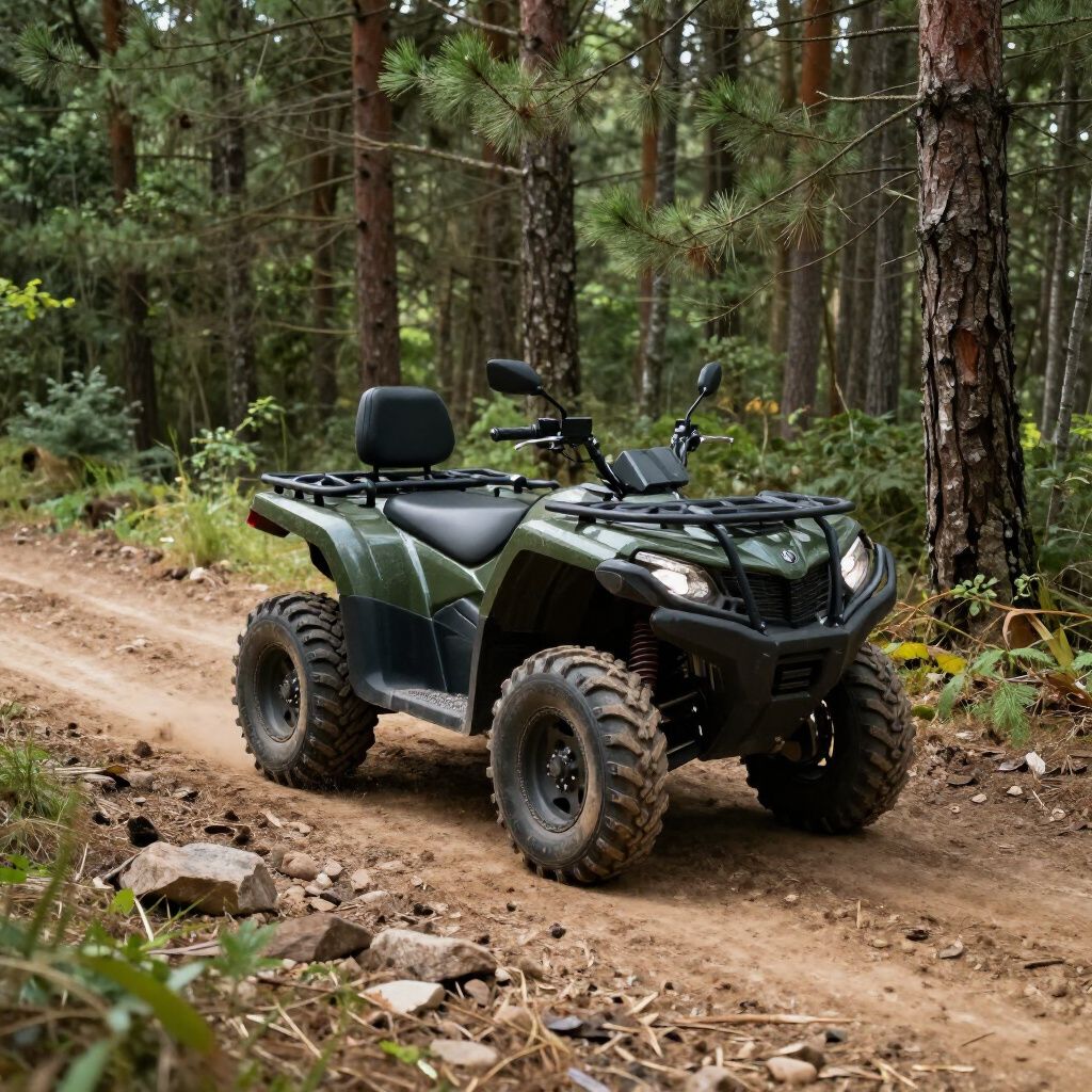 Green ATV on a dirt trail in a forest, with large tires.