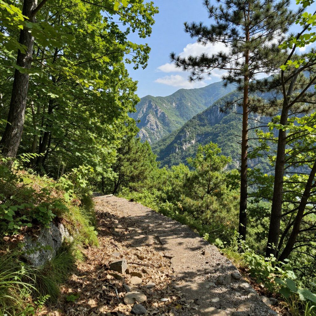 Rocky hiking trail through a forest, overlooking mountains on a sunny day.