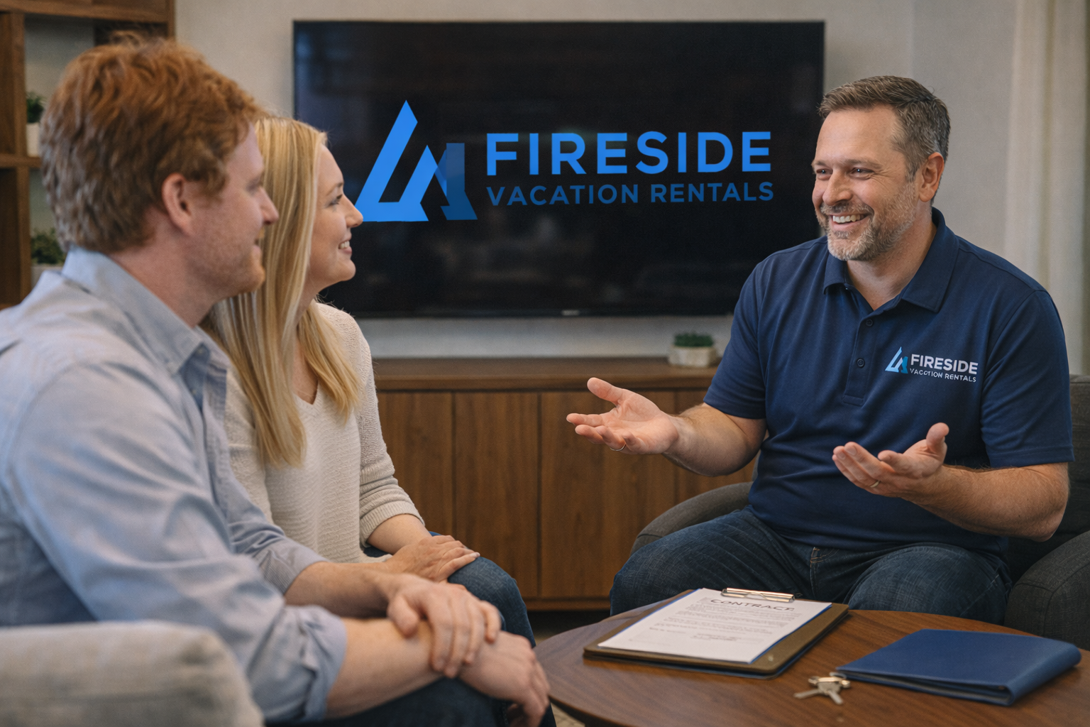 A business meeting at Fireside Vacation Rentals with two clients listening to a professional explaining a contract.