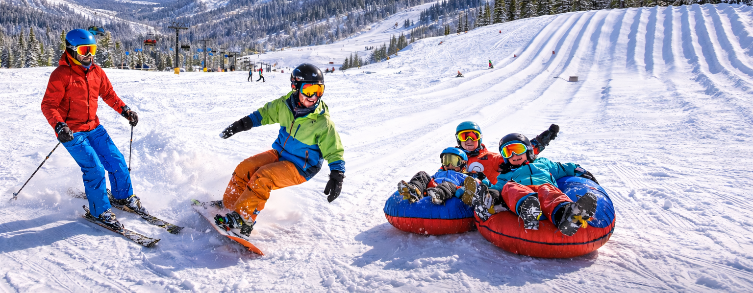 People skiing, snowboarding, and snow tubing down a snow-covered hill on a sunny day.