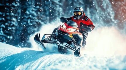 Snowmobiler on a black and red snowmobile, riding through snow-covered landscape.
