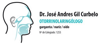 Logotipo del Dr. Jos&eacute; Andr&eacute;s Gil Curbelo, otorrinolaring&oacute;logo, con silueta de oreja, nariz y garganta y detalles en azul.
