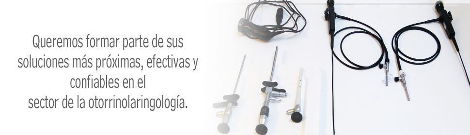 Texto promocional de otorrinolaringología junto a instrumentos médicos sobre fondo blanco.