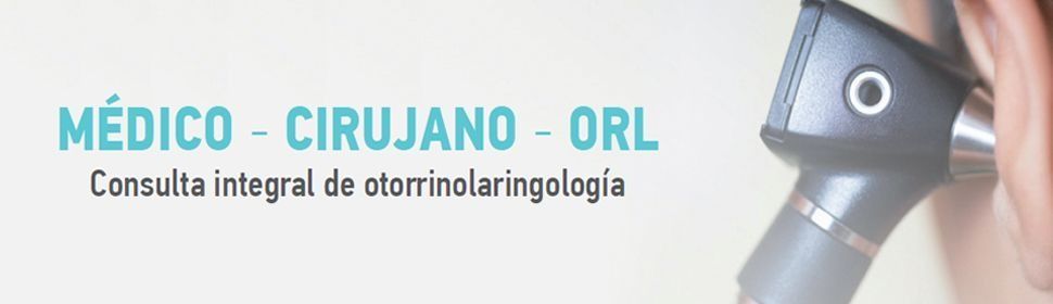 Banner para clínica de otorrinolaringología: texto turquesa con un instrumento para examen de oídos sobre fondo claro.