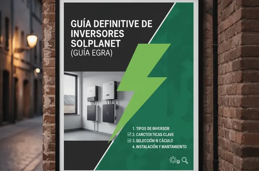 Cartel en español de guía de inversores Solplanet, con fondo verde y foto de paneles solares.