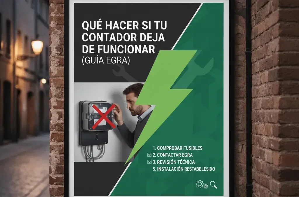 Cartel verde y negro sobre qué hacer si tu contador de agua no funciona, junto a un medidor con una X roja.