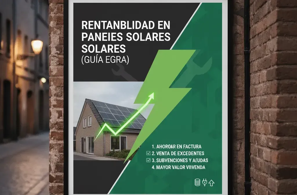 Póster verde sobre rentabilidad en paneles solares con una casa y una gráfica ascendente.