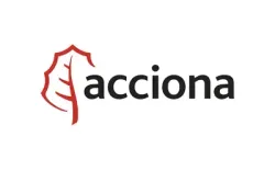 Logotipo de Acciona con icono de árbol estilizado en rojo y texto en negro.